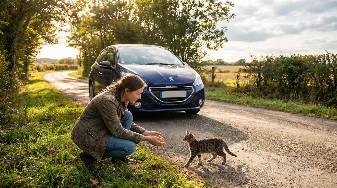 Un adorable chaton tigré regarde l'objectif, confortablement installé dans les bras d'une jeune femme souriante à l'intérieur d'une voiture.