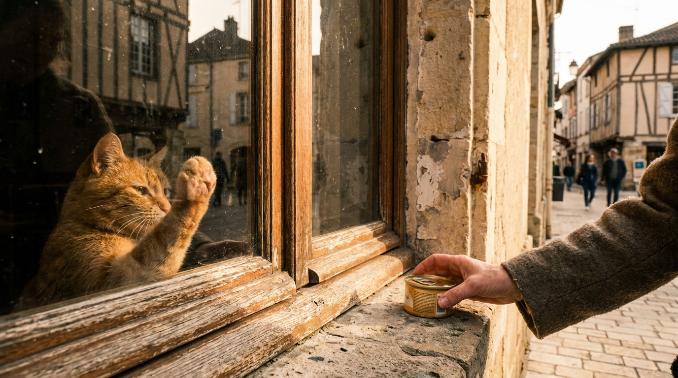 Un chat se frotte affectueusement contre la vitre d'un café, tandis qu'à l'extérieur, une main pose une boîte de pâtée en signe de soutien.