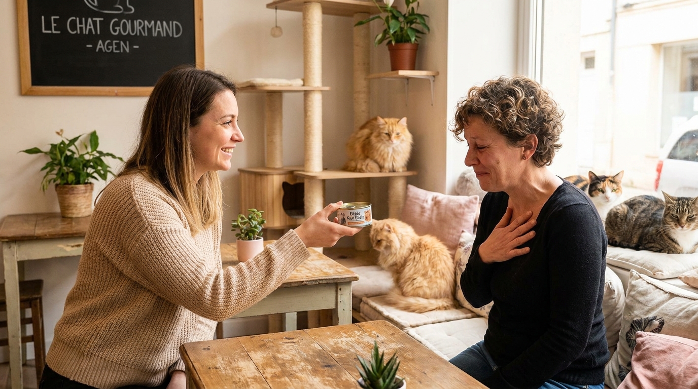 Une femme tend un sac de nourriture pour chats à la gérante d'un café-refuge, au milieu de chats dormant dans un décor chaleureux.