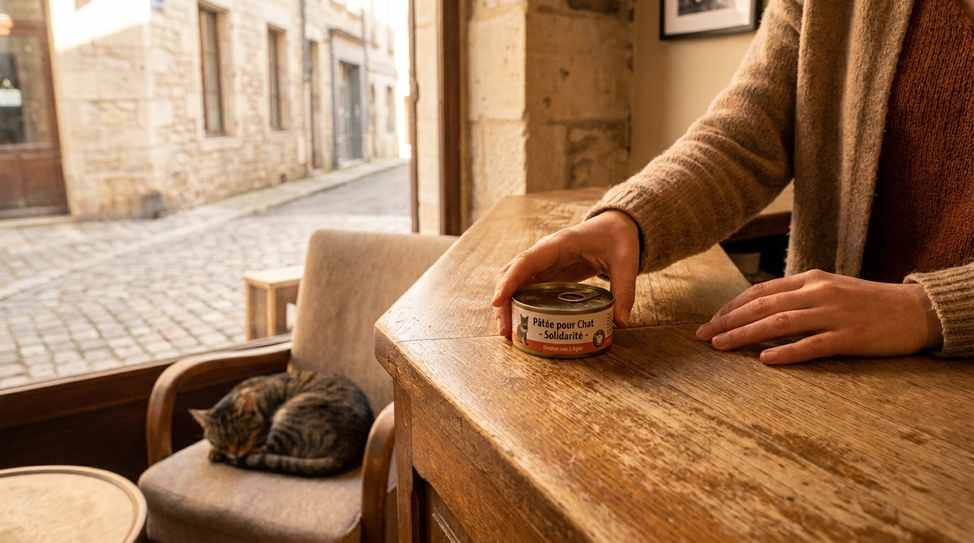 Un chat roux se frotte affectueusement contre la main d'une personne dans l'ambiance chaleureuse d'un café.