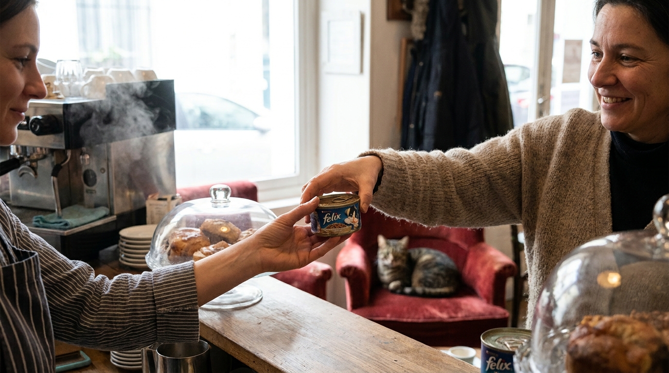 Un chat roux se frotte affectueusement contre la main d'une personne dans l'ambiance chaleureuse d'un café à chats.