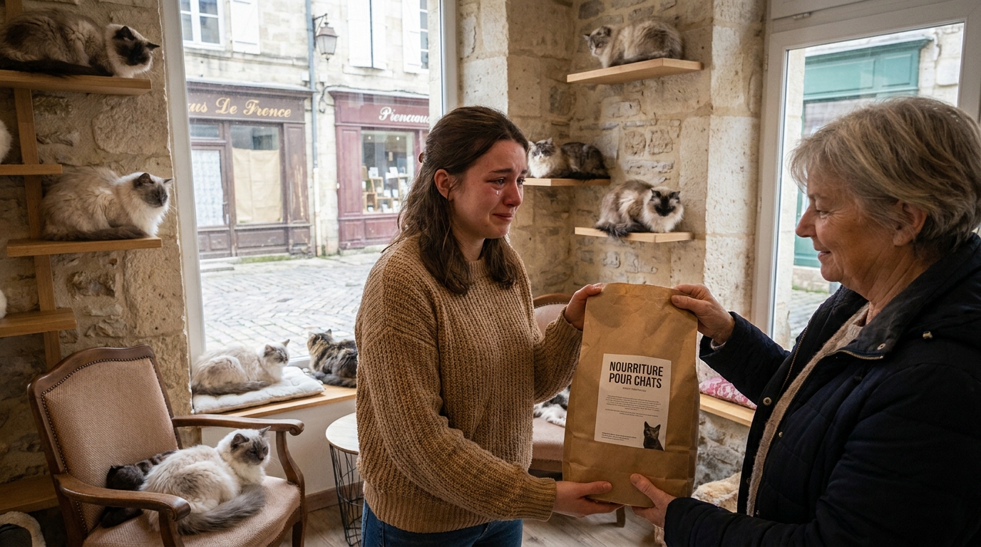 Une cliente apporte un don de nourriture pour chats à la gérante d'un café-refuge menacé de fermeture, au milieu de chats sereins.