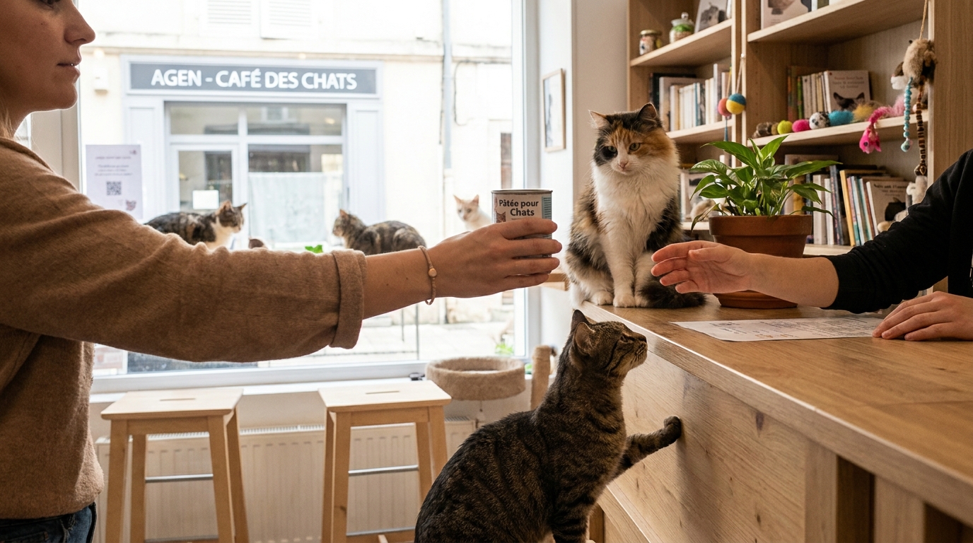 Une cliente apporte un don de nourriture dans le café-refuge pour chats PawPao, menacé de fermeture à Agen.