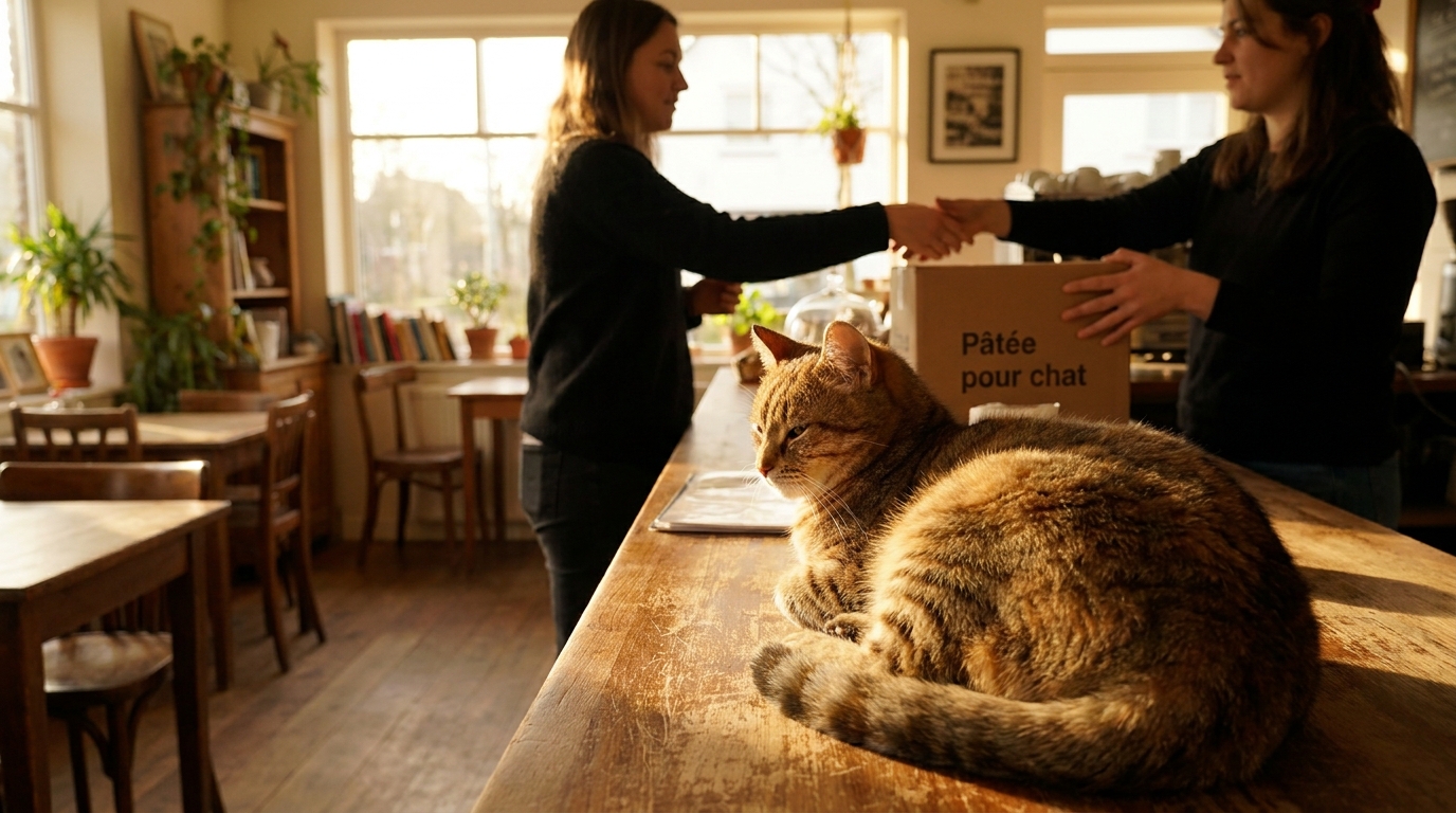 Un chat se repose dans un café, symbolisant l'espoir et le soutien de la communauté pour le refuge menacé à Agen.