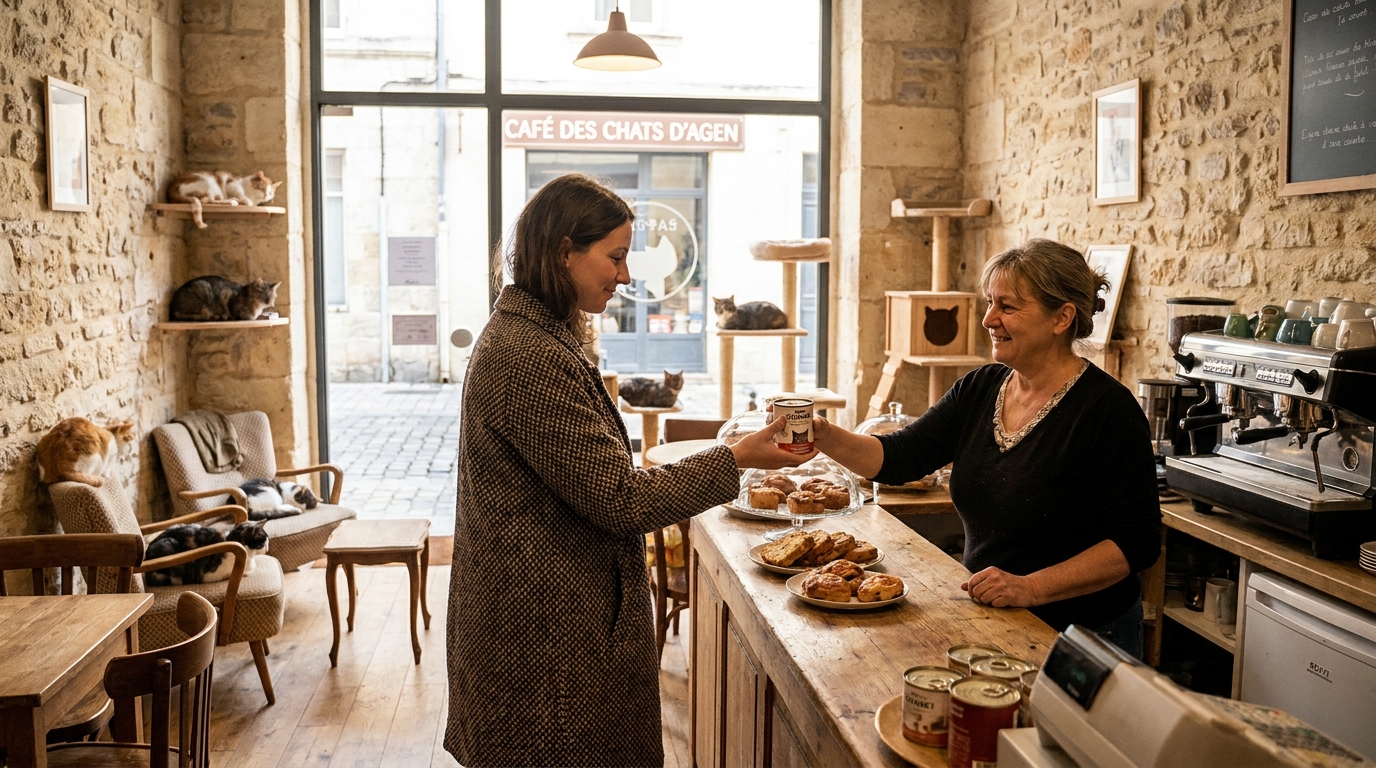 Une femme tendre une boîte de pâtée à la gérante d'un café à chats, avec des félins se prélassant à l'arrière-plan.