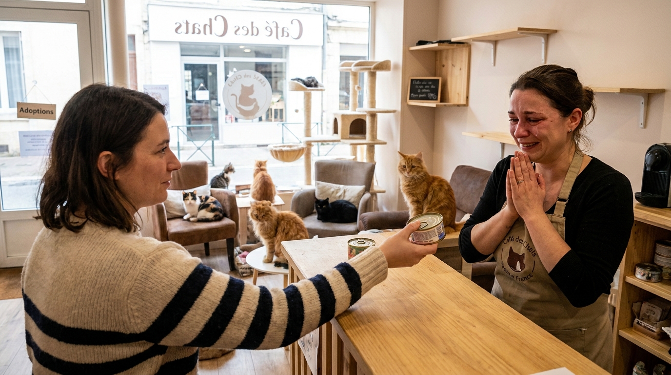 Une femme tendant une boîte de pâtée à la gérante d'un café à chats, avec des félins se prélassant à l'arrière-plan.