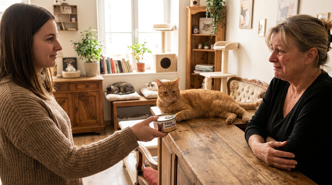 Une femme tend une boîte de pâtée à la gérante d'un café à chats, tandis qu'un chat roux est assis sur le comptoir à côté d'elle.