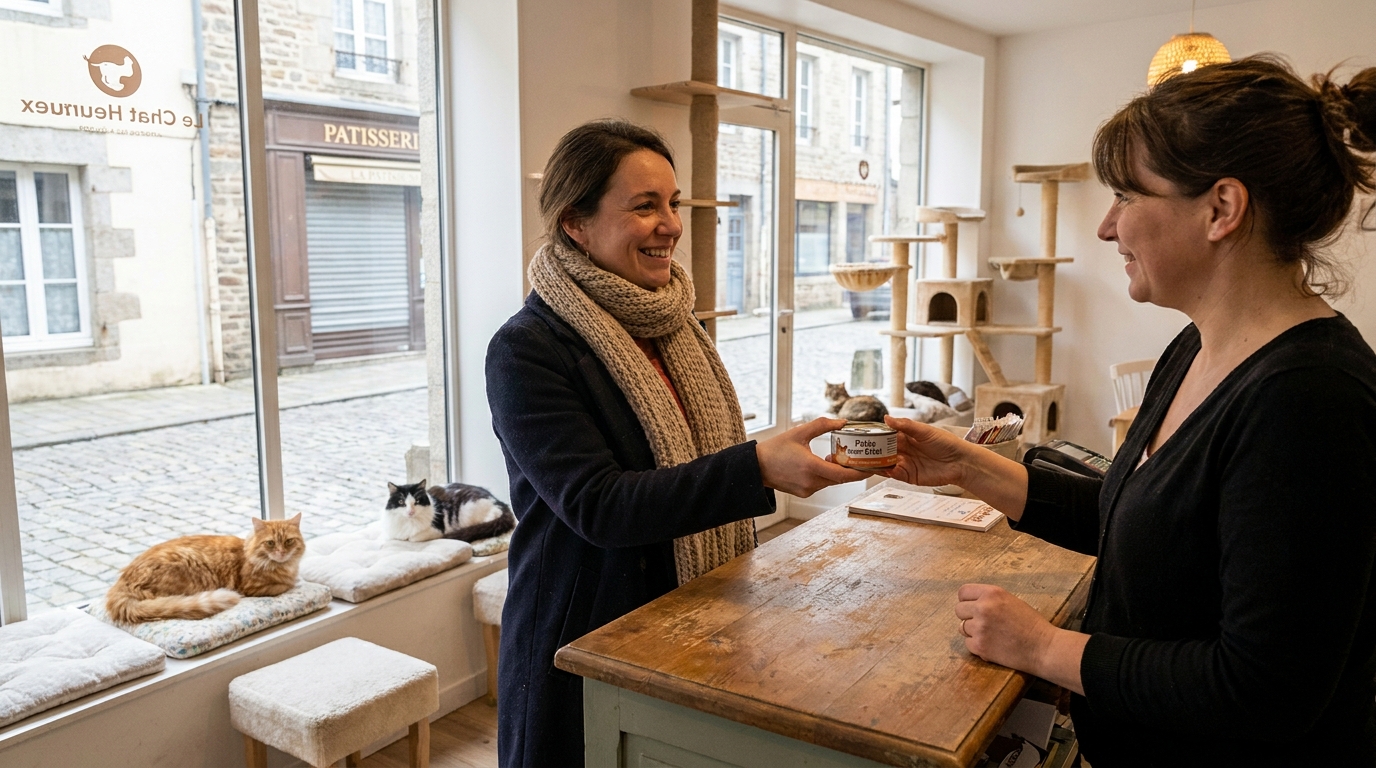Une cliente donne de la nourriture pour chats à la gérante du café PawPao, menacé de fermeture, avec des chats en arrière-plan.