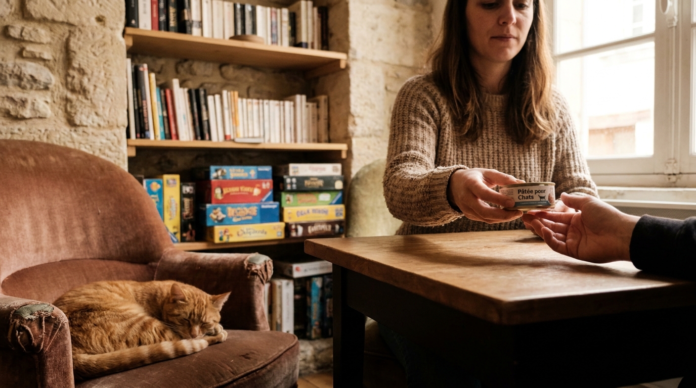 Une cliente apporte une boîte de pâtée en signe de soutien au café à chats PawPao d'Agen, menacé de fermeture.