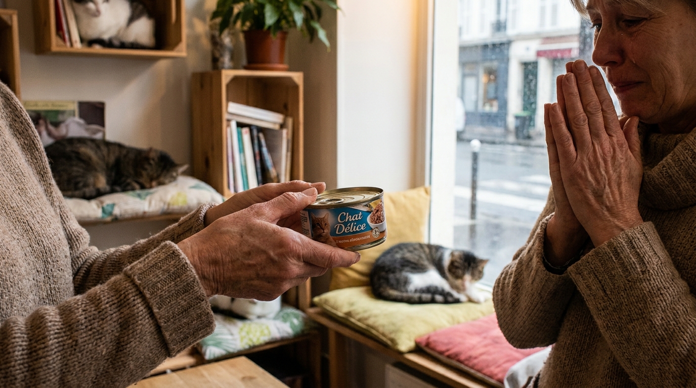 Une femme tend une boîte de pâtée à la gérante d'un café à chats, dans une ambiance chaleureuse et remplie d'espoir.