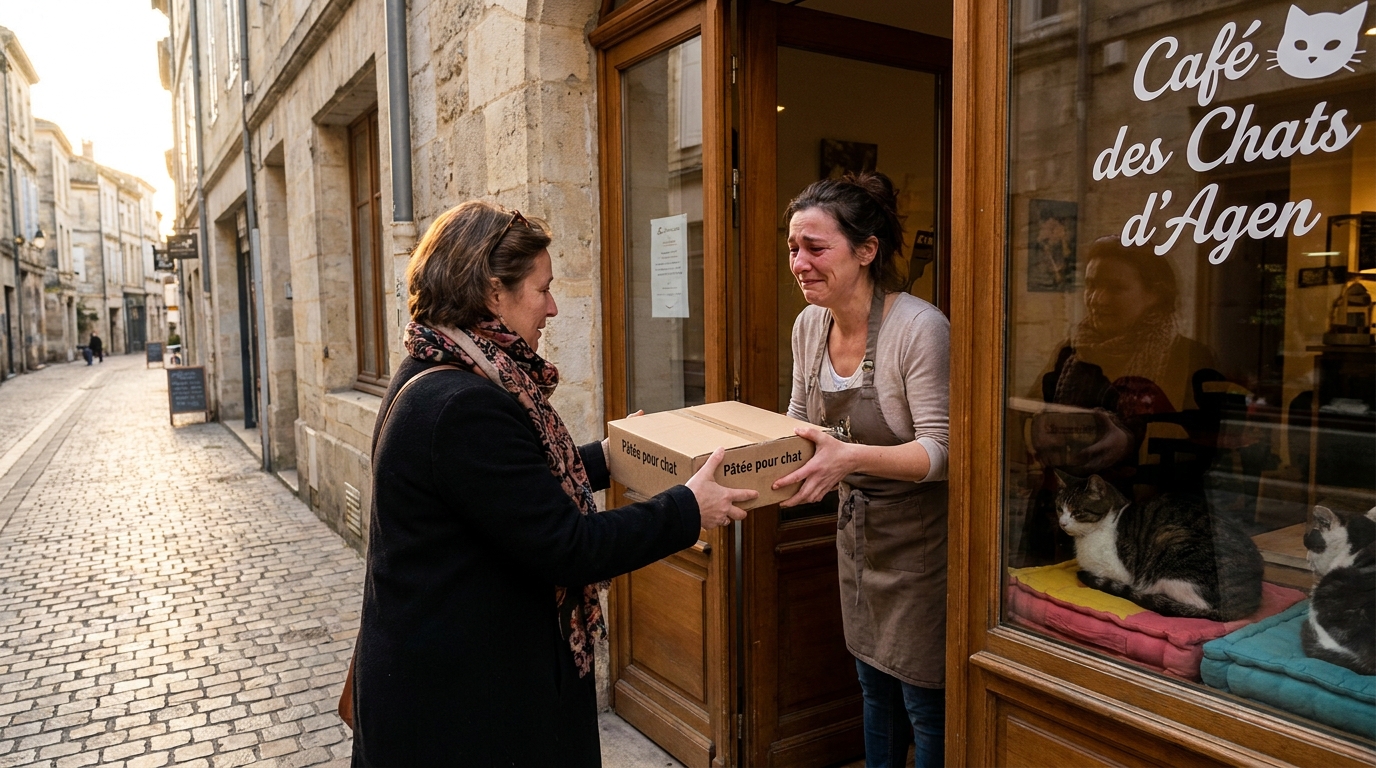 Une femme donne tendrement une boîte de pâtée pour chat à la gérante d'un café à chats, avec des félins se prélassant à l'arrière-plan.