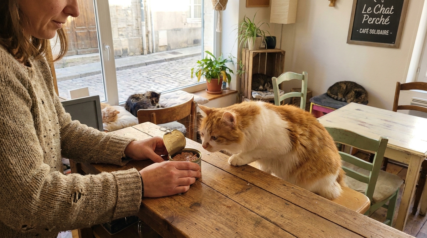 Une femme dépose avec tendresse une boîte de pâtée sur le comptoir d'un café à chats chaleureux, où un chat curieux observe le geste.