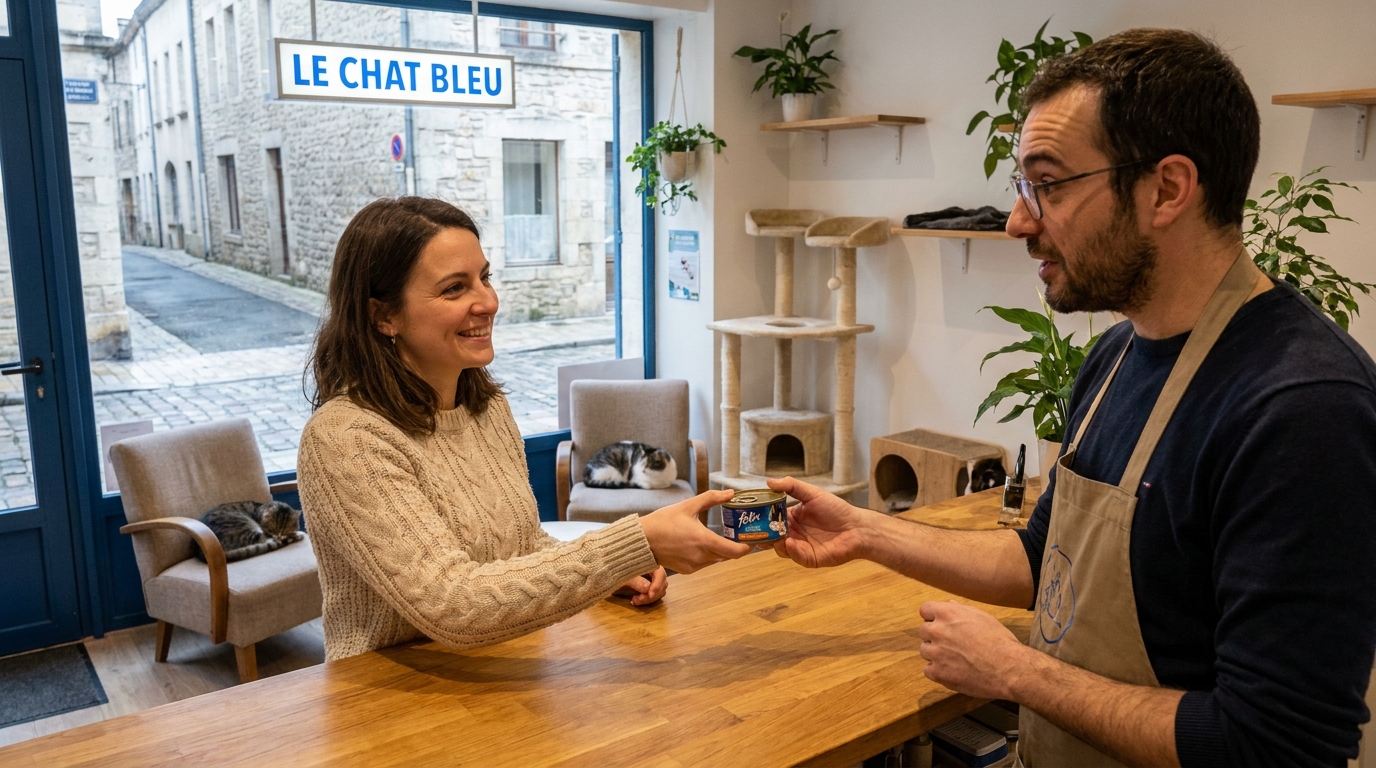 Une femme tendant une boîte de pâtée à la gérante d'un café à chats, avec plusieurs félins se prélassant à l'intérieur.