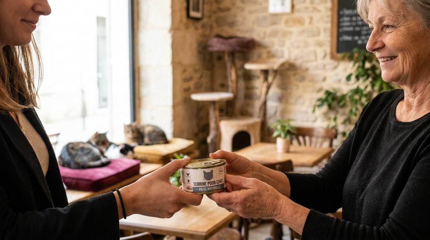 Une femme tend une boîte de pâtée à la gérante d'un café à chats, plusieurs chats se prélassent à l'intérieur.