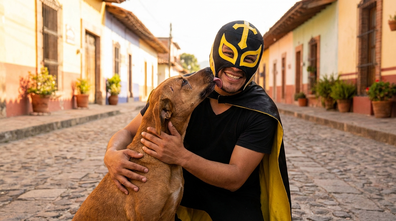 Un homme portant un masque de super-héros noir et jaune câline tendrement un chien marron clair, guéri, dans une rue au Mexique.