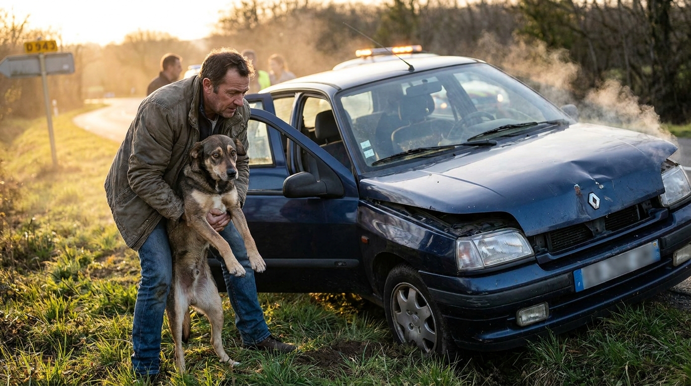 Un homme courageux sort un chien effrayé d'une voiture accidentée et fumante sur le bord d'une route de campagne en France.