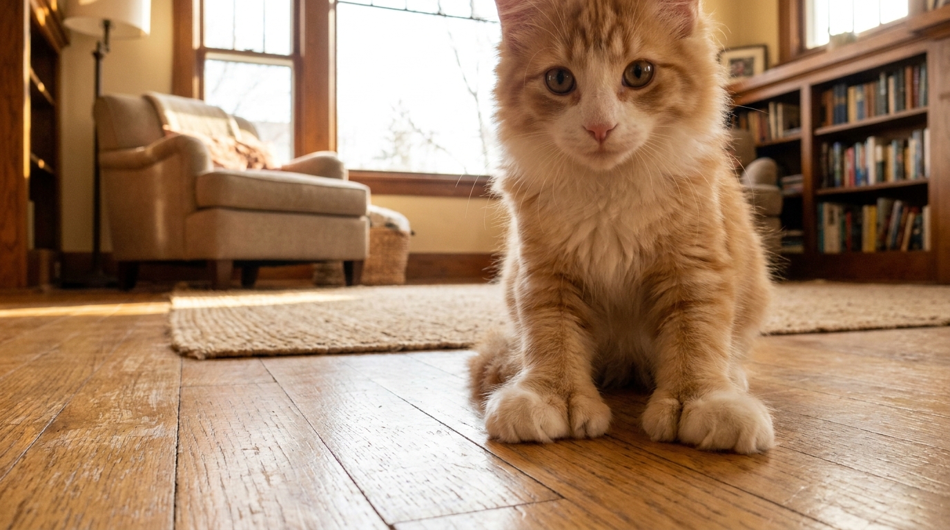 Gros plan sur les pattes avant d'un chat roux et blanc, montrant plusieurs orteils supplémentaires, assis sur un sol en bois.