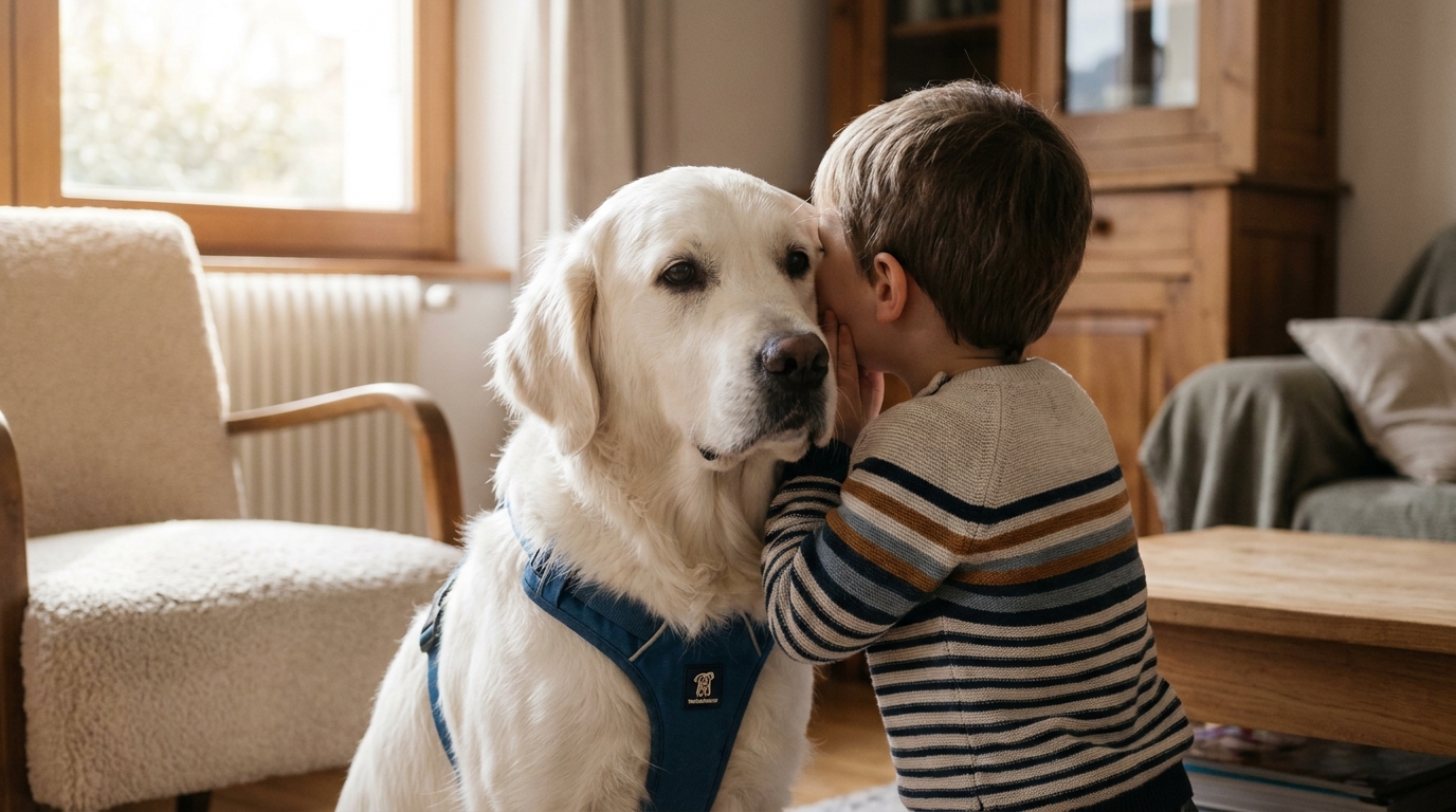 Un golden retriever blanc au regard doux, portant un harnais bleu, est assis sagement à côté d'un enfant dans une salle d'audition chaleureuse.