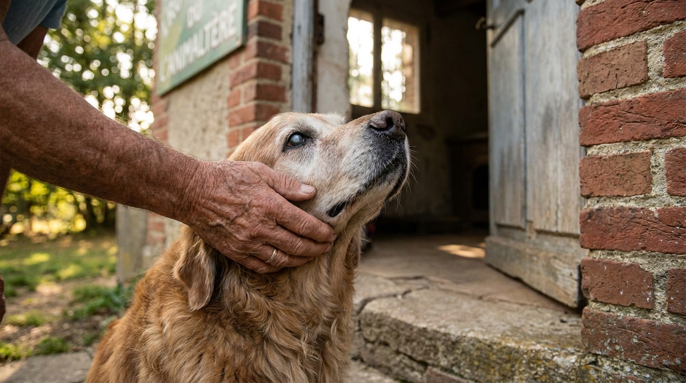 Un vieil homme caresse tendrement son chien âgé devant l'entrée d'un refuge pour animaux, un moment de séparation émouvant.