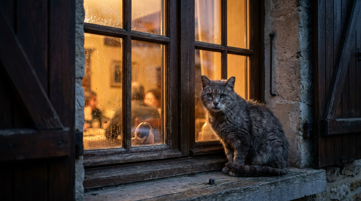 Un vieux chat au pelage grisonnant, l'air fatigué, est assis sur un rebord de fenêtre et regarde à l'intérieur d'une maison chaleureuse la nuit.