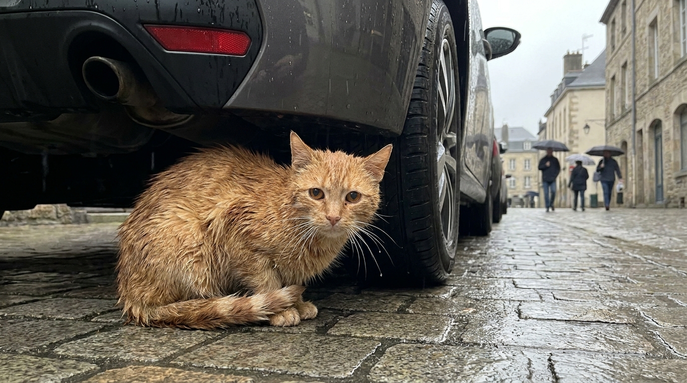 Un vieux chat roux et frêle, trempé par la pluie, se blottit sous une voiture dans une rue française, le regard triste et perdu.