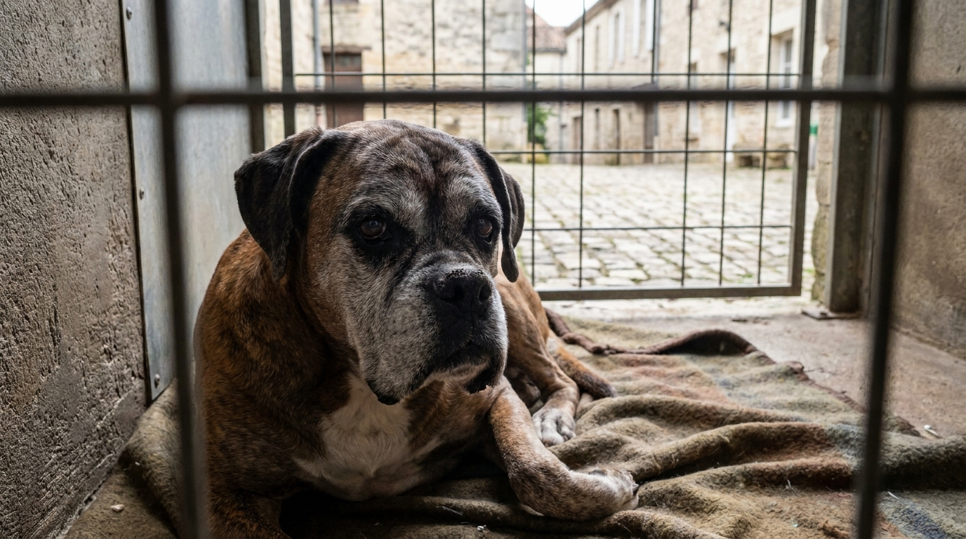 Un vieux chien croisé Boxer au regard triste est couché dans son chenil, espérant être adopté après des années d'attente au refuge.