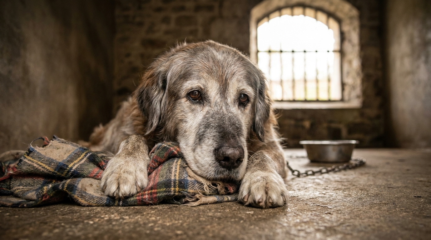 Un vieux chien à l'air triste serre un plaid usé contre lui dans son box de refuge, symbolisant un attachement profond et mystérieux.