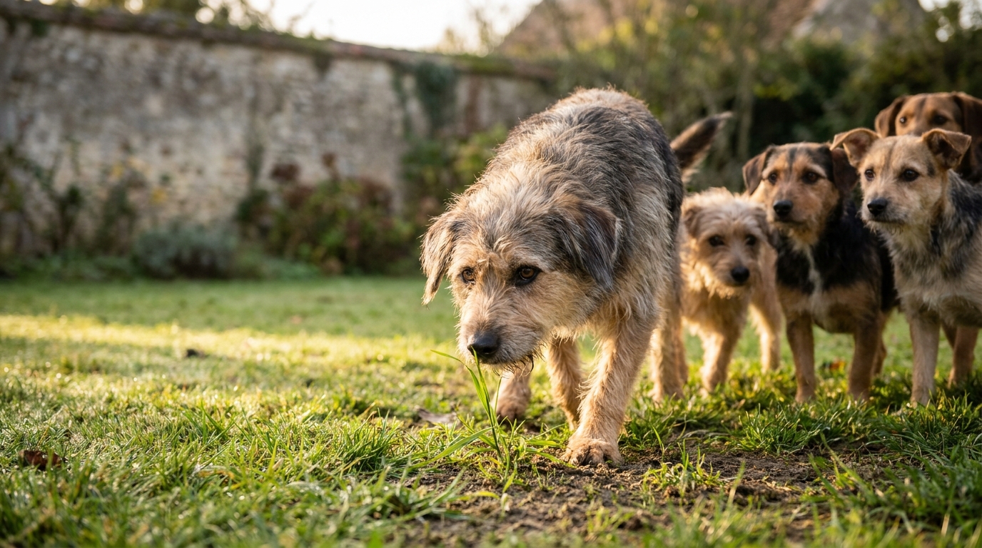 Un groupe de chiens de races diverses, l'air timide mais curieux, posent leurs pattes sur une pelouse verte pour la première fois.