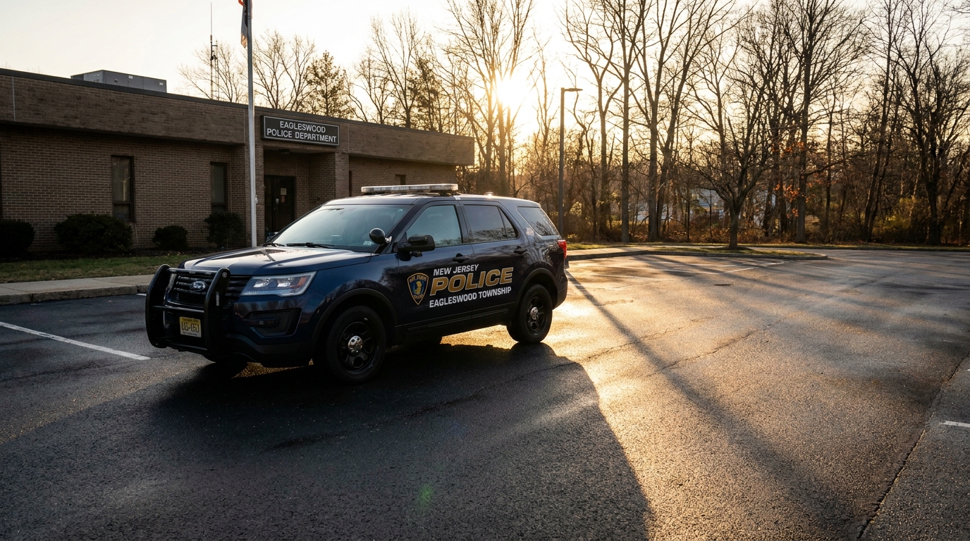 Une voiture de police américaine stationnée sous un soleil de plomb, symbolisant la tragédie des deux chiens laissés à l'intérieur.
