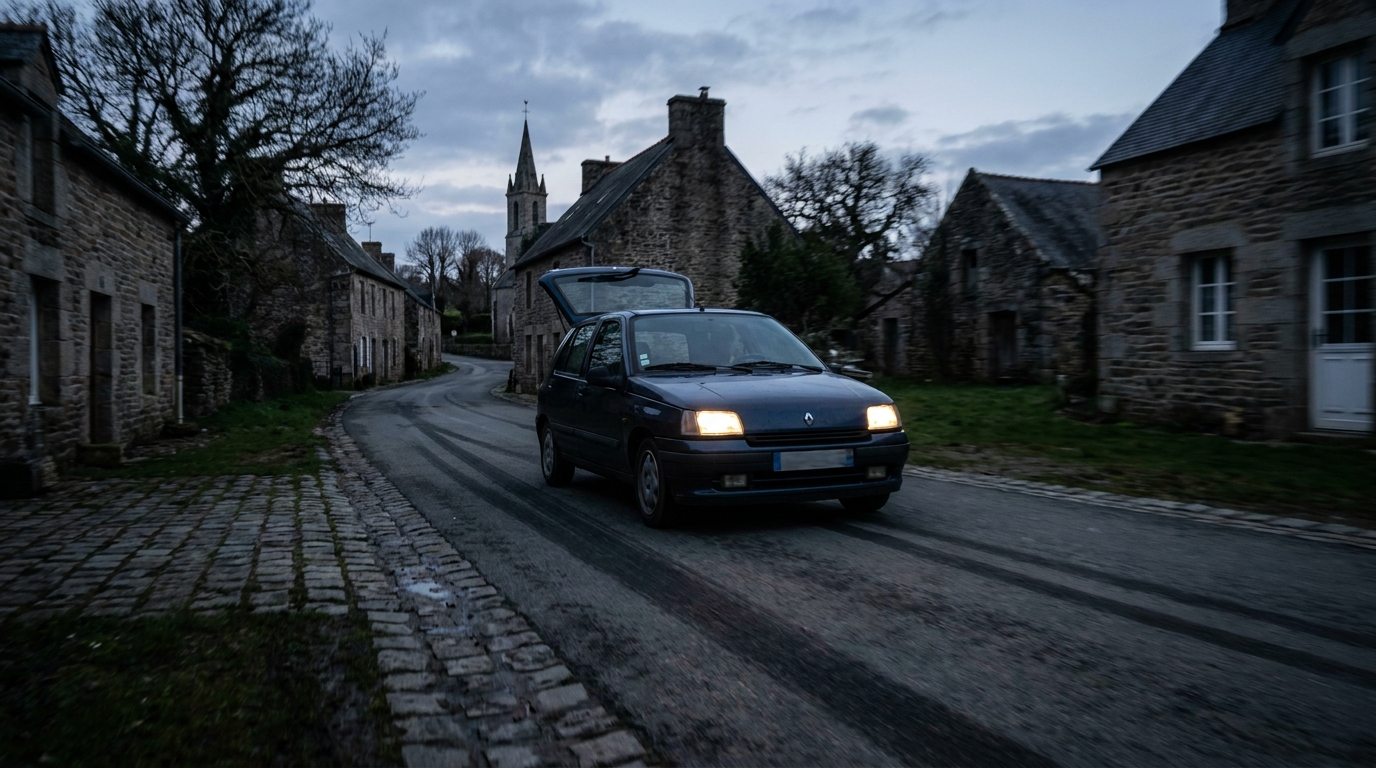 Une voiture de type Renault Clio roule à grande vitesse sur une route de campagne dans le Morbihan, en Bretagne, au crépuscule.