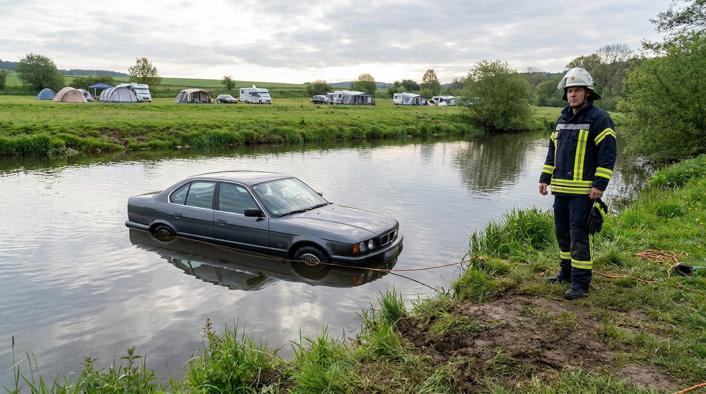 Une voiture est sortie d'une rivière par une chaîne de solidarité dans un camping, après qu'une conductrice et son chien soient tombés à l'eau.