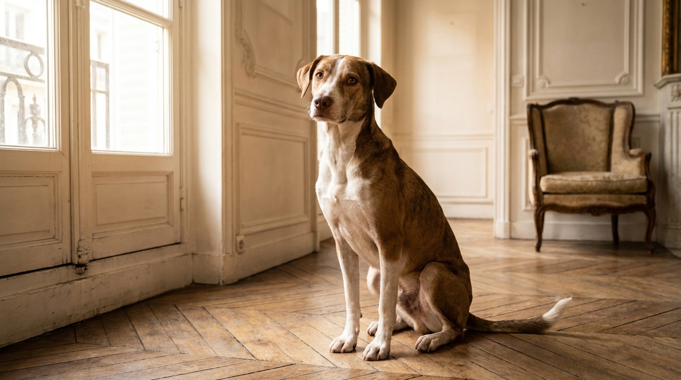 Une chienne marron et blanc, encore maigre, assise dans un salon lumineux, regarde avec douceur après son sauvetage.