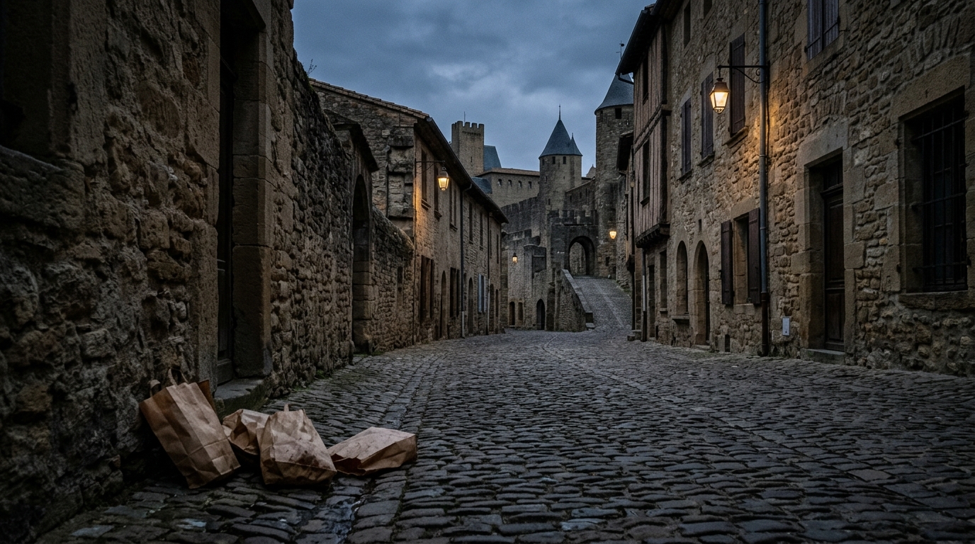 Une ruelle calme près de Carcassonne baignée dans une atmosphère mélancolique et sombre.