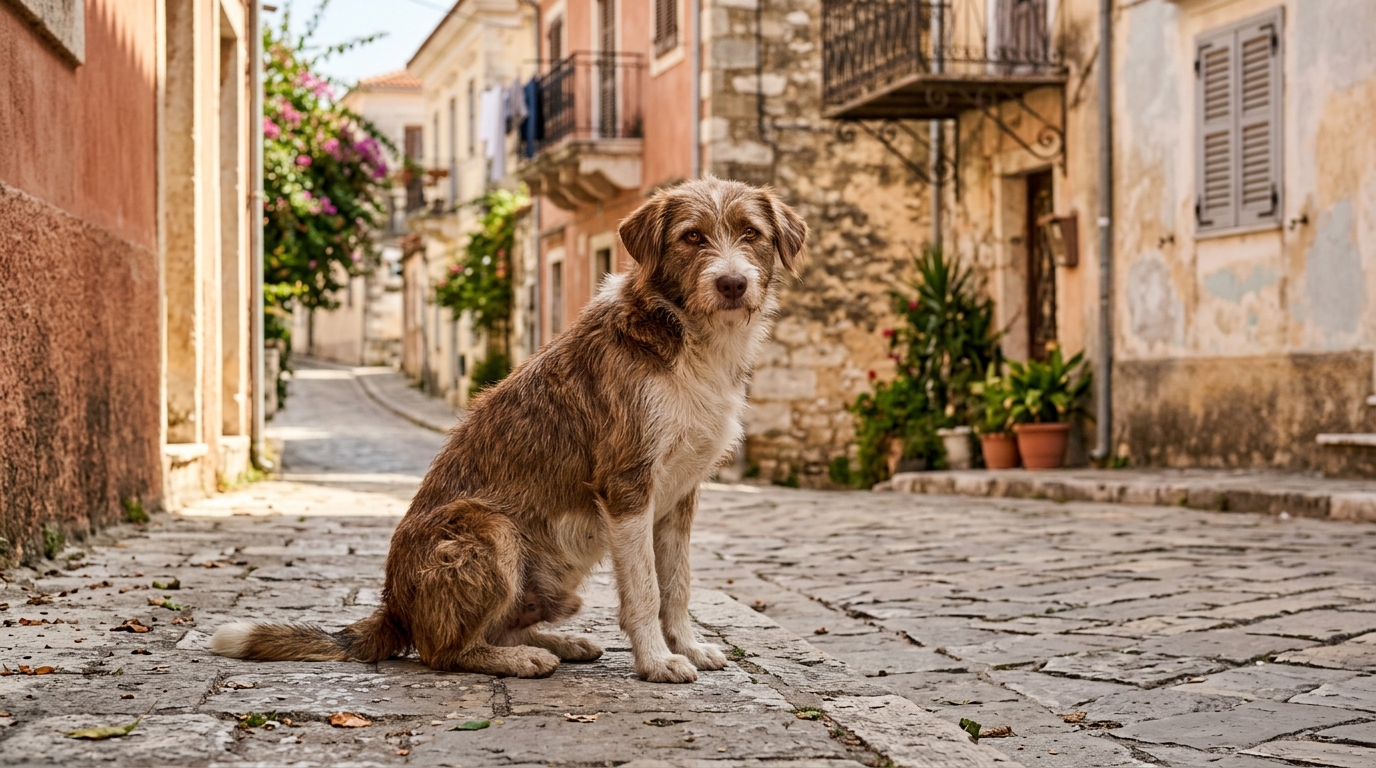 Un petit chien errant assis sur le trottoir dans une rue calme d'Albanie