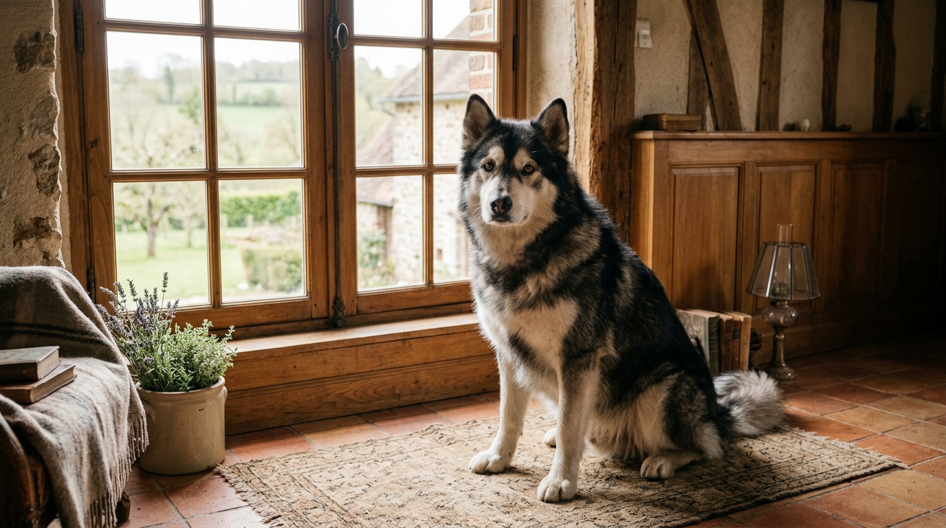 Grand chien croisé husky assis calmement dans une maison normande chaleureuse