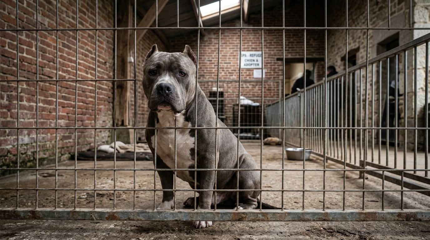 Un American Bully assis tristement derrière le grillage d'un refuge en France.