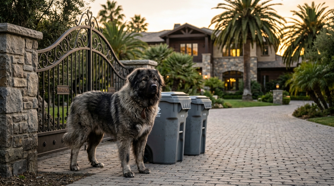 Un imposant berger du Caucase devant le portail d'une villa en Californie.