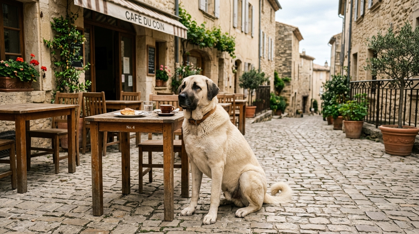 Un chien Kangal assis près d'une table sur une terrasse de café en extérieur.