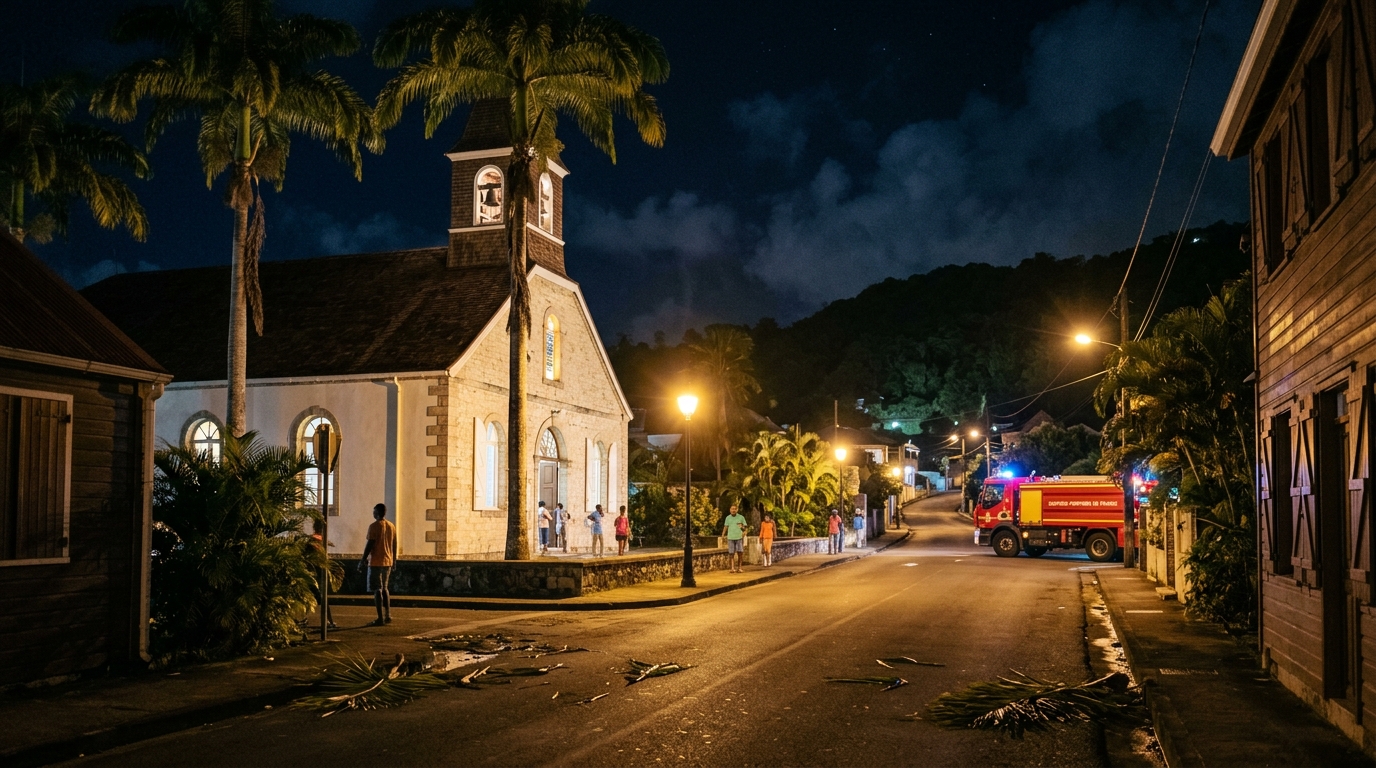 Une rue nocturne bordée d'une église antillaise sous les lampadaires en Martinique.