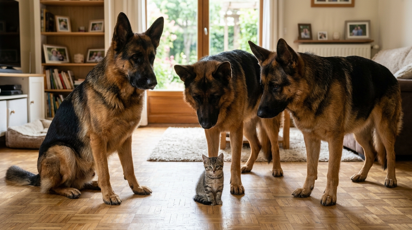 Trois Bergers Allemands attentifs autour d'un petit chat errant dans une maison.