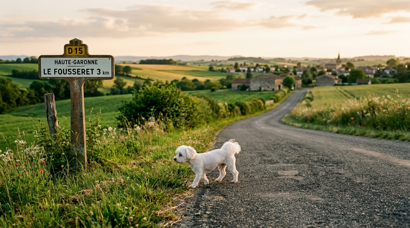 Un petit bichon maltais blanc tondu court se promenant le long d'une route de campagne en Haute-Garonne.