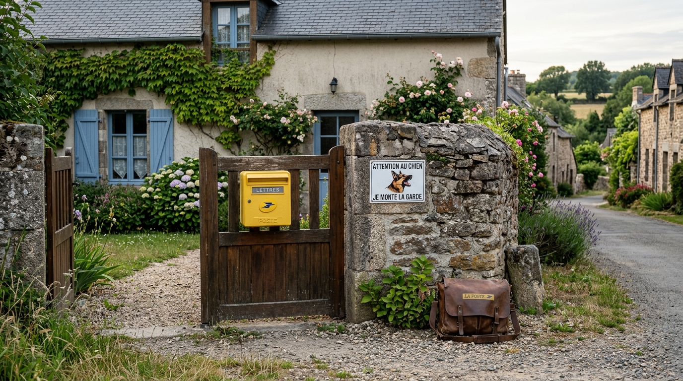 Une boîte aux lettres en bordure de propriété d'une maison de campagne en Mayenne