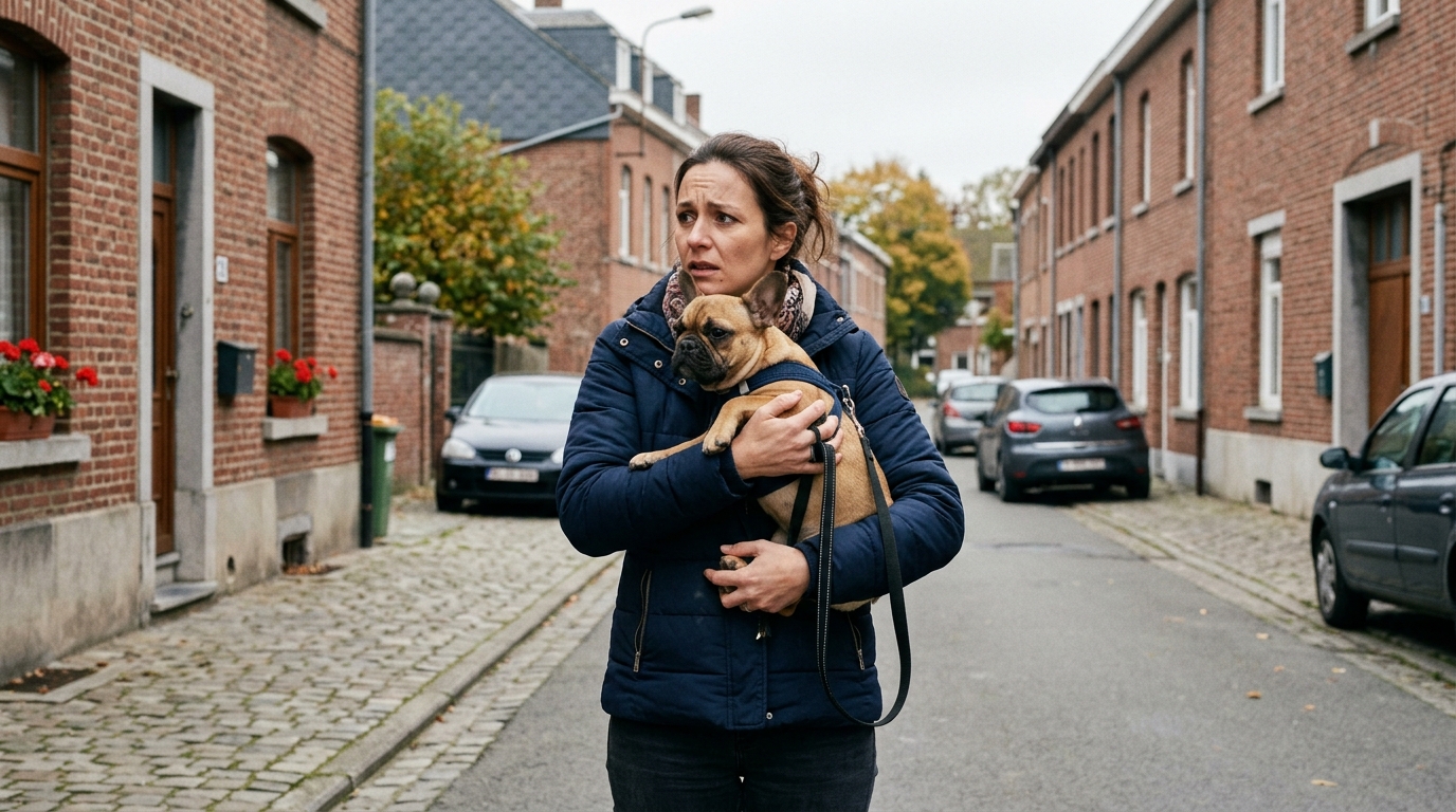 Petit bouledogue français tenu fermement en laisse dans une rue résidentielle.
