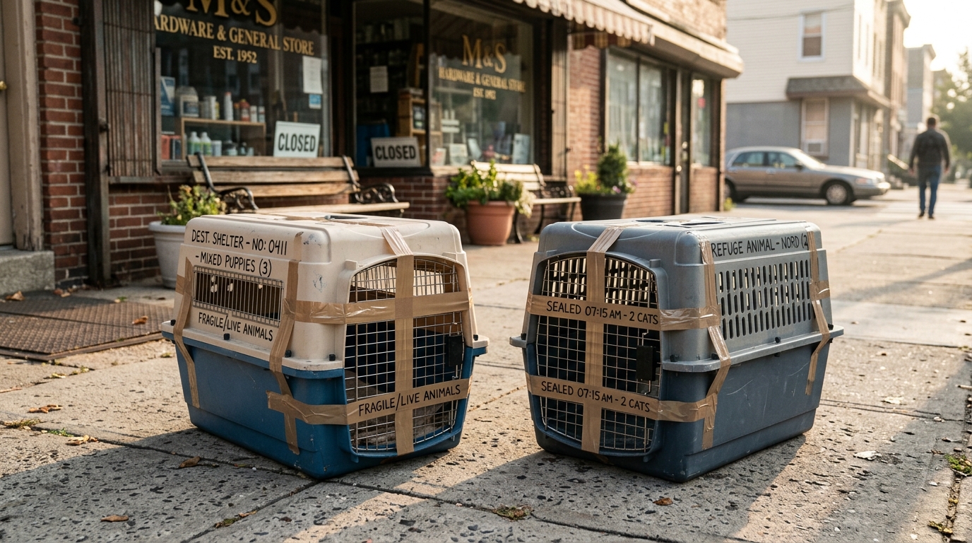 Deux cages de transport pour chats posées sur le sol devant l'entrée d'un magasin.