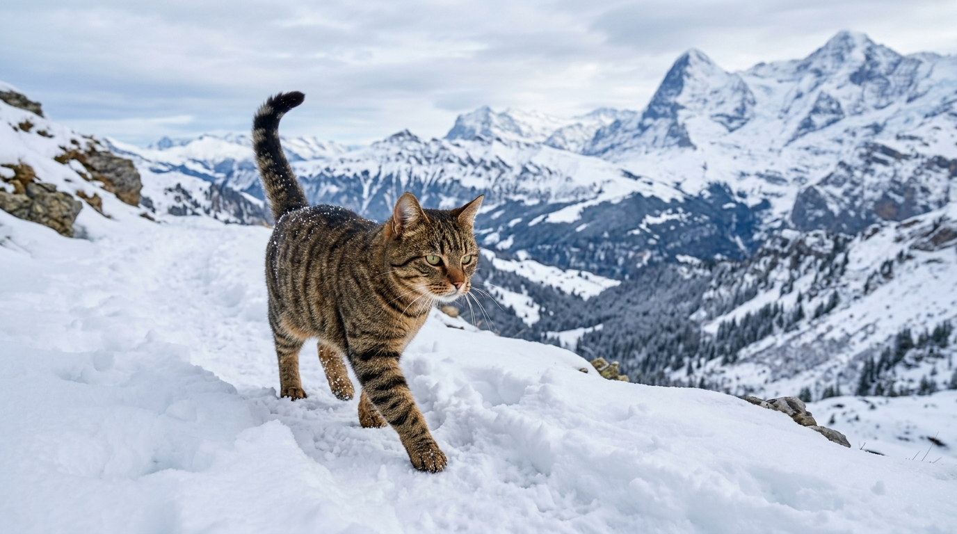 Un chat marche fièrement dans la neige de haute montagne dans les Alpes.