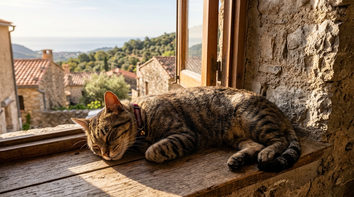 Un chat tigré se reposant paisiblement sur le rebord d'une fenêtre dans une maison corse