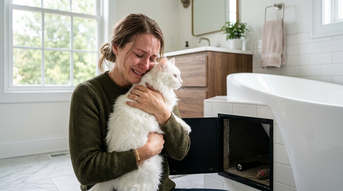 Un chat blanc câliné par sa maîtresse après avoir été retrouvé sous la baignoire.