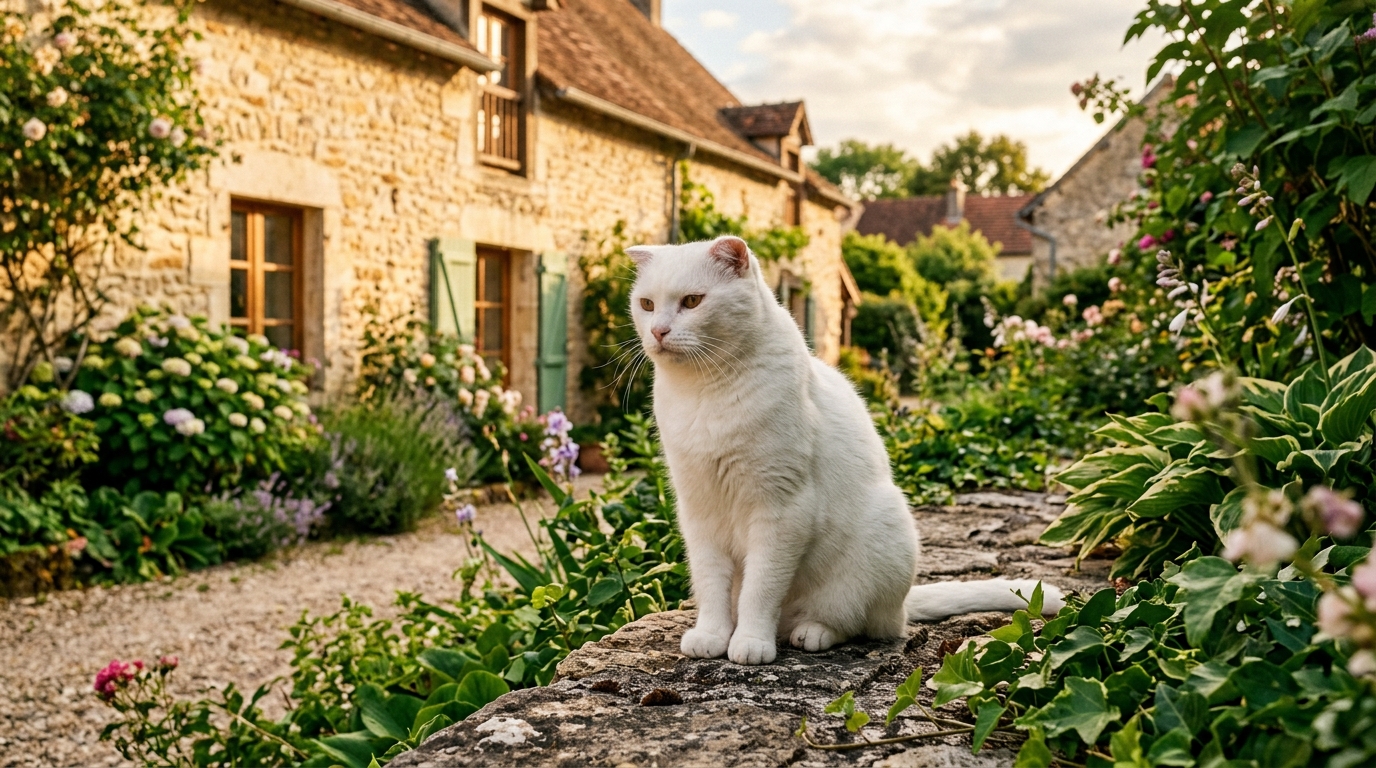 Un chat blanc senior apaisé assis dans un jardin verdoyant en France.
