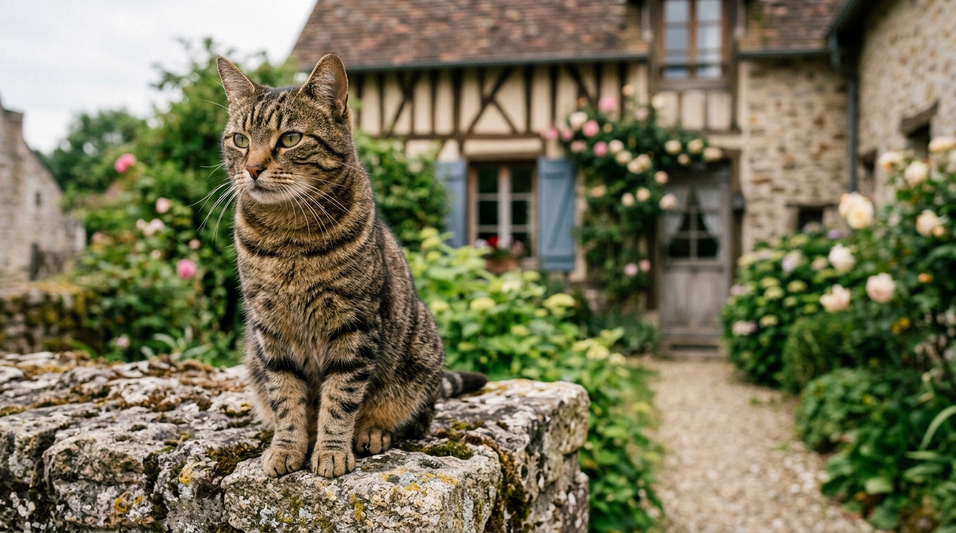 Un chat tigré assis calmement près d'un muret en pierre dans un village normand