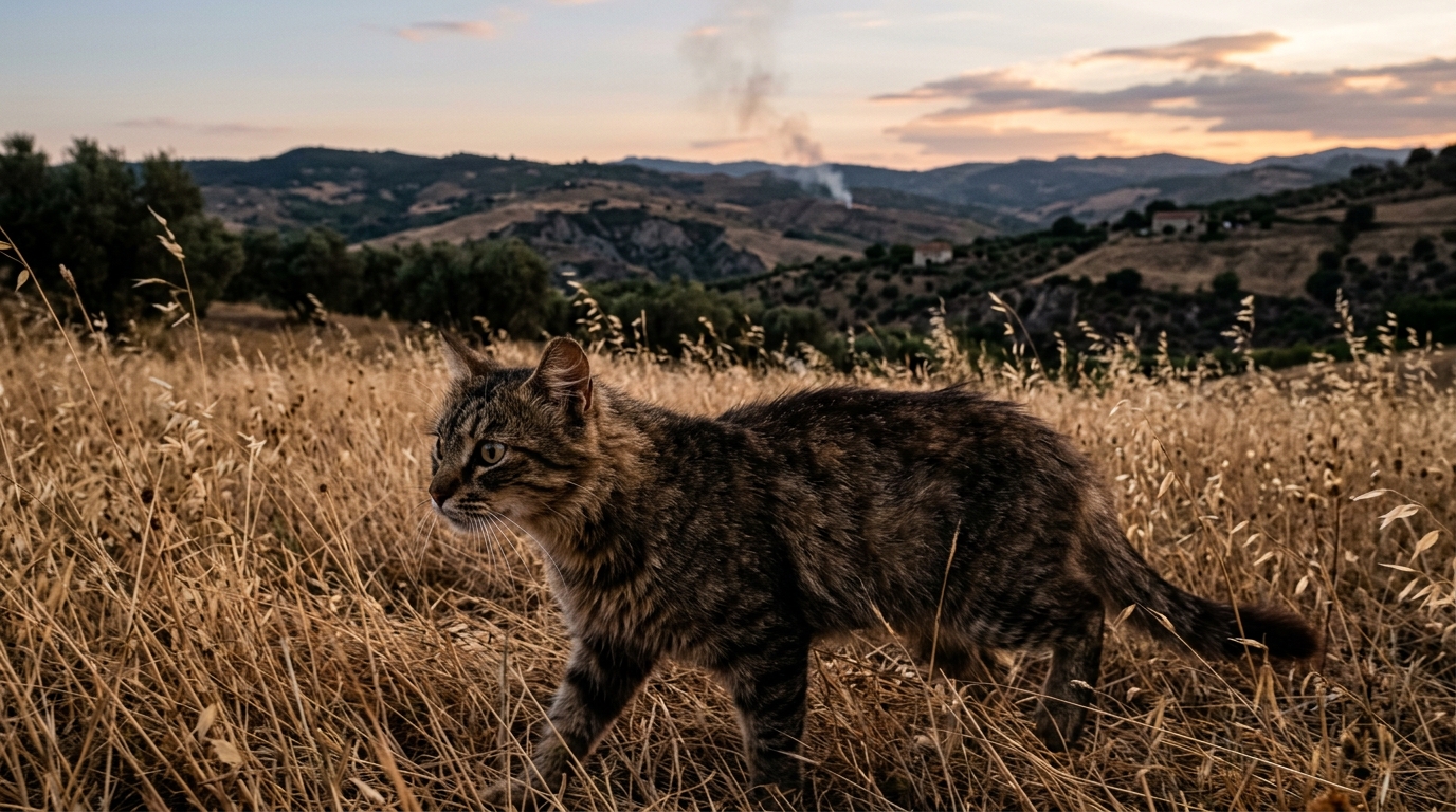 Un chat apeuré dans un champ sec de la campagne en Calabre.
